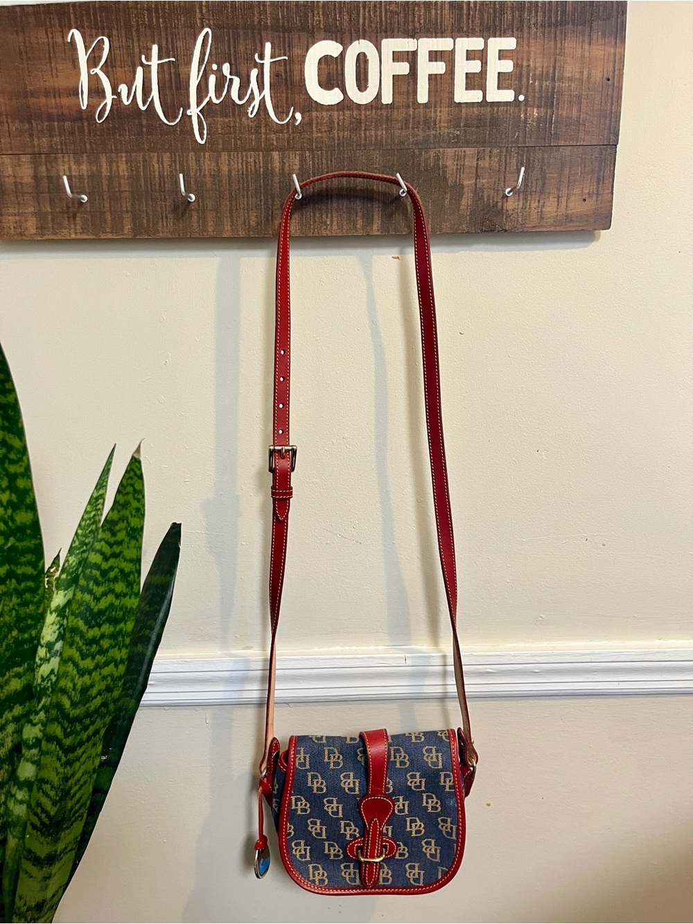 Done and Bourke Vintage Y2K Monogram Crossbody Bag Denim with Red Leather Trim